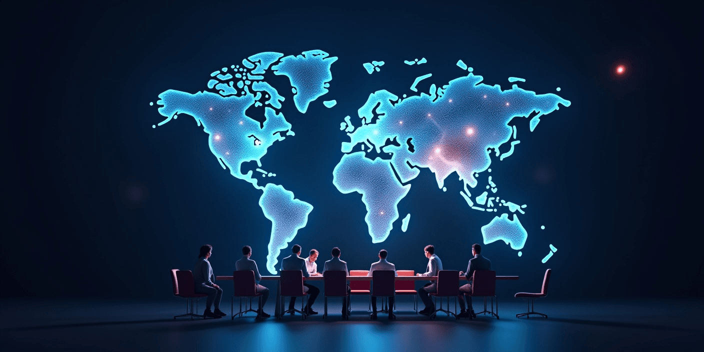 Empresas conectadas em uma reunião diante de um mapa mundial